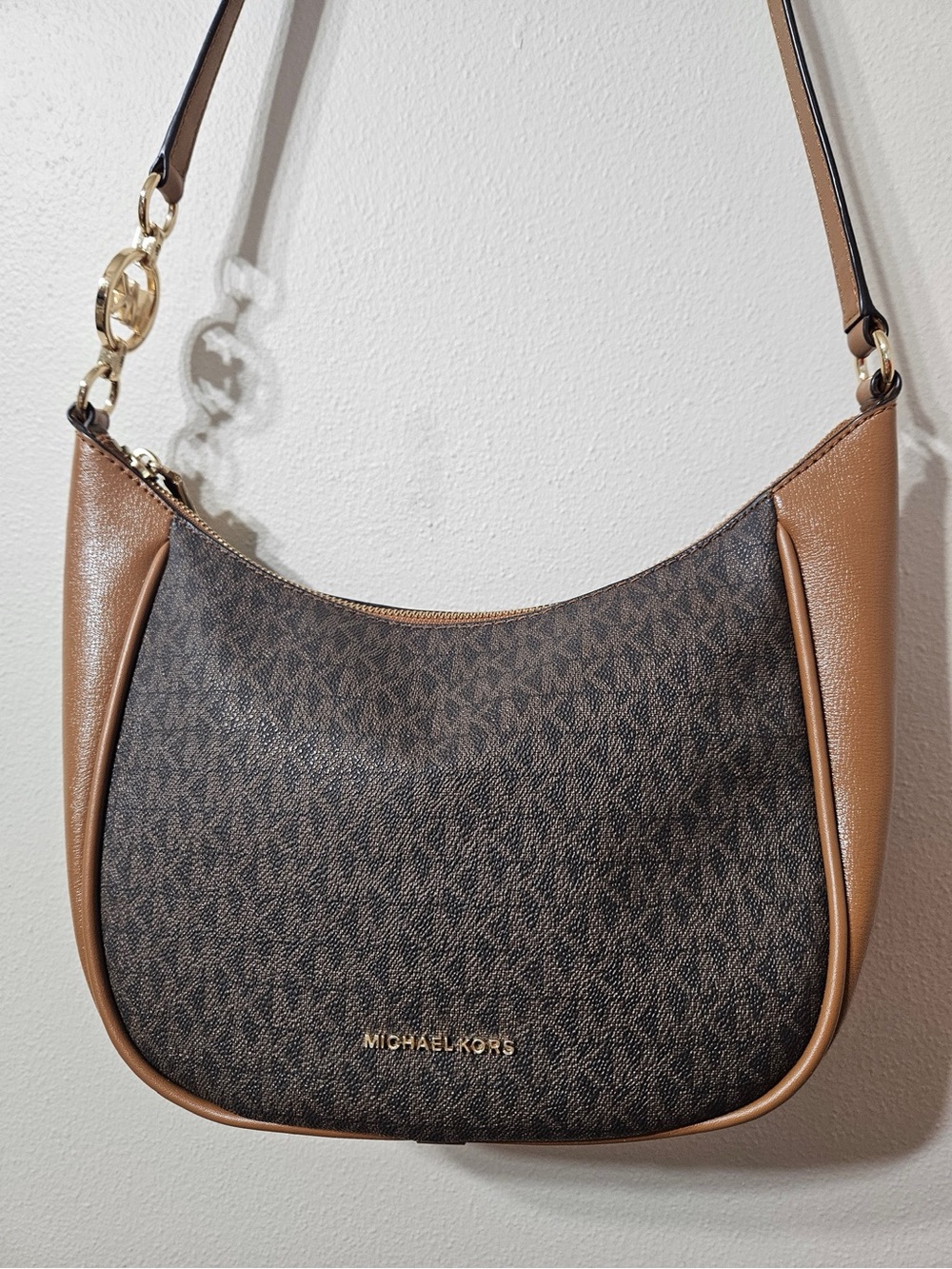 Michael Kors Brown Logo-Print Shoulder Bag with Tan Trim